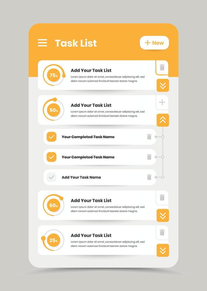 minimalista que hacer lista aplicación interfaz diseño con circular Progreso grafico vector