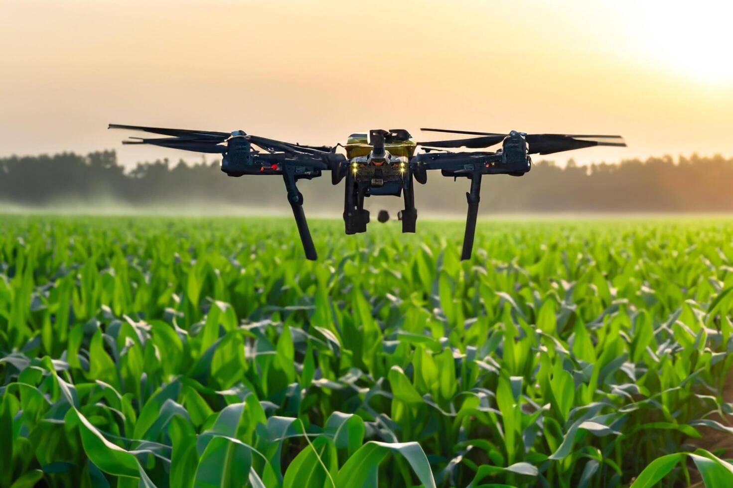 AI generated The agricultural drone is flying and spraying fertilizer in a green cornfield. photo