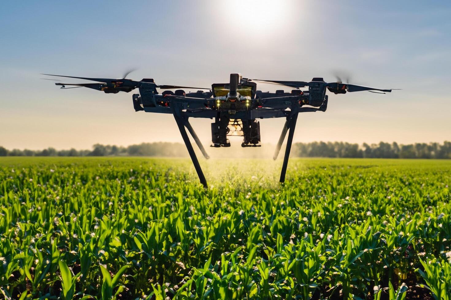 AI generated The agricultural drone is flying and spraying fertilizer in a green cornfield. photo
