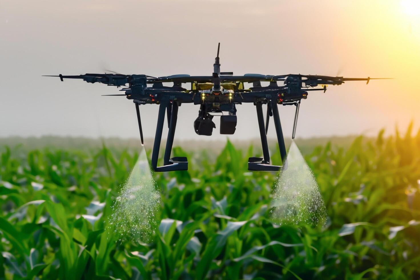 AI generated The agricultural drone is flying and spraying fertilizer in a green cornfield. photo