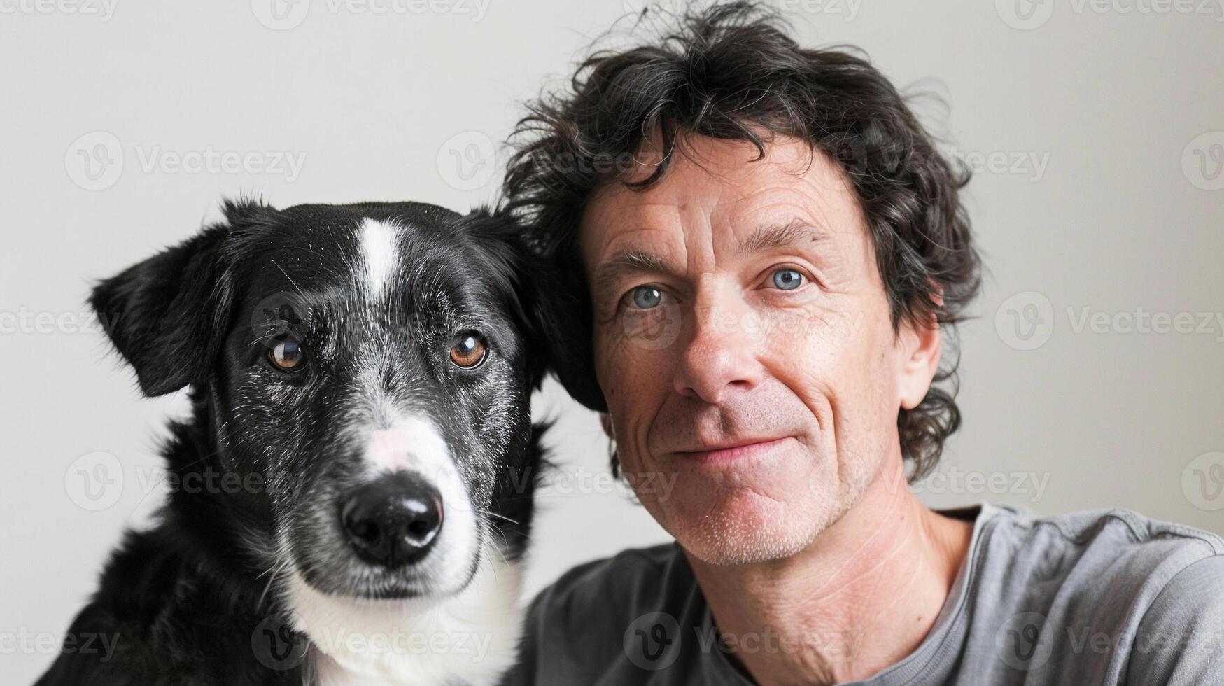 AI generated Man standing next to his dog, both looking directly at the camera with affectionate expressions, against a clean white background, generative AI photo