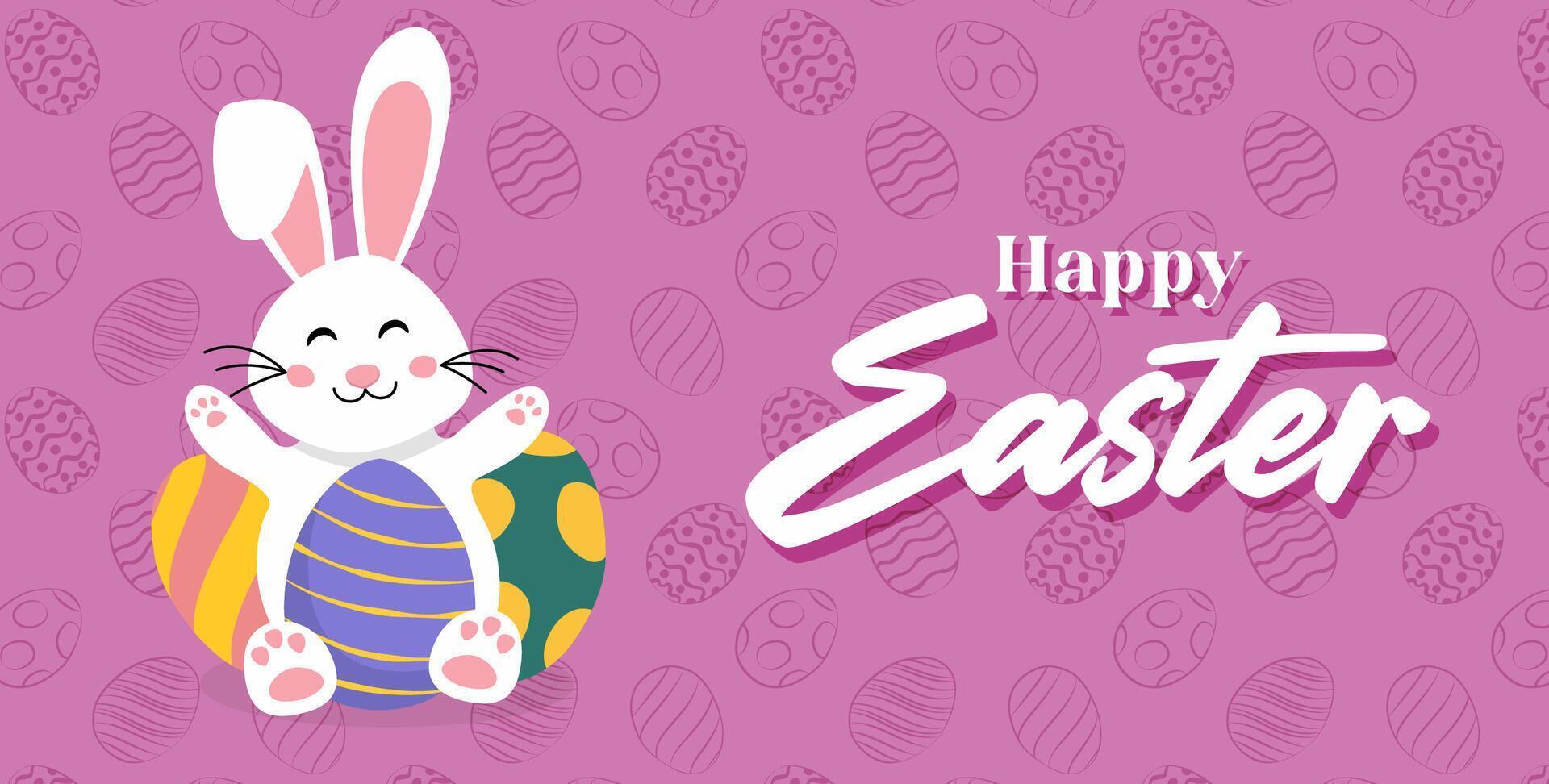 Happy Easter card with easter eggs garland and rabbit. Simple vector decoration