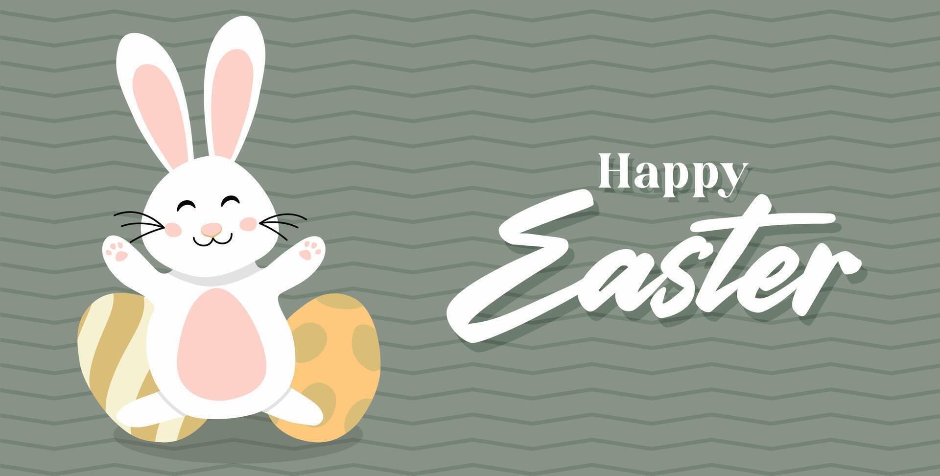 Happy Easter card with easter eggs garland and rabbit. Simple vector decoration