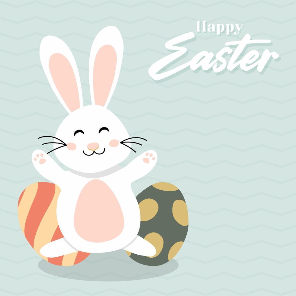 Happy Easter card with easter eggs garland and rabbit. Simple vector decoration