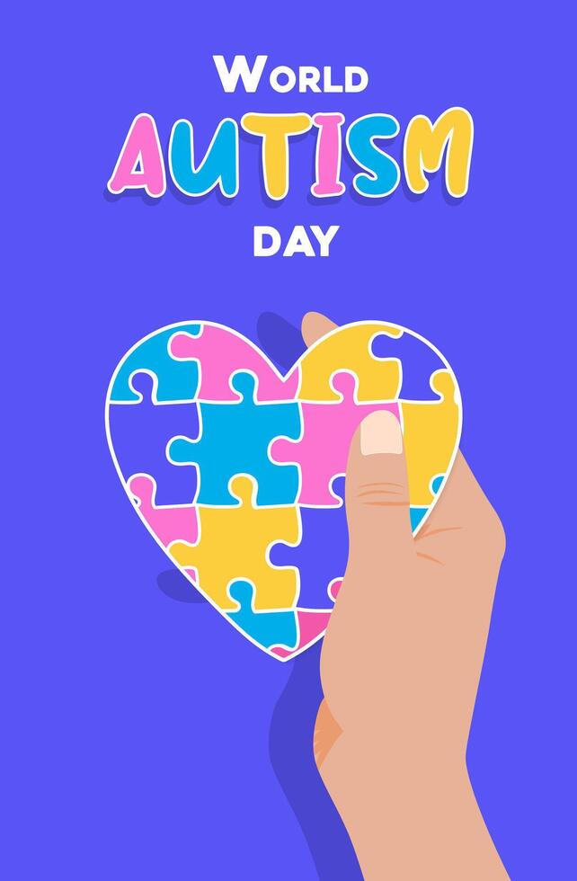 Hand holding colorful heart puzzle vector design sign. Symbol of autism. World autism awareness day.