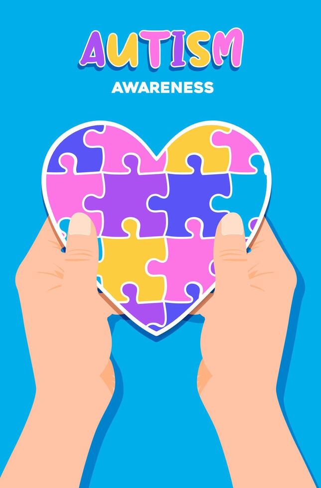 Hand holding colorful heart puzzle vector design sign. Symbol of autism. World autism awareness day.