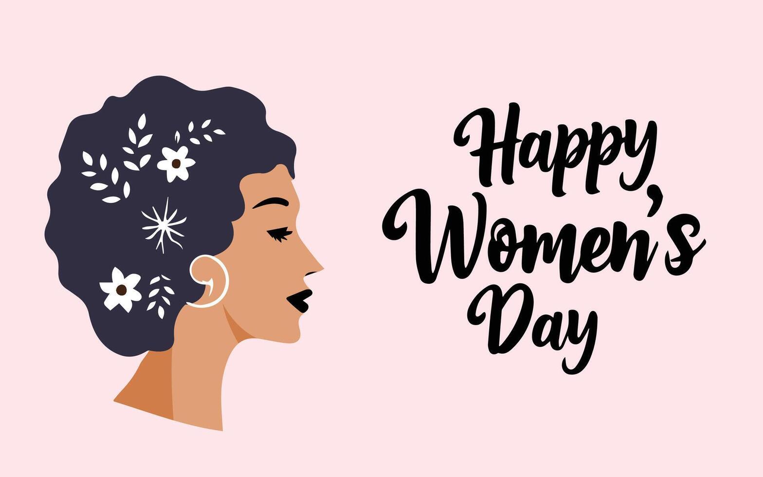 Happy Women Day greeting card illustration. Beautiful woman face with tropical plant leaf. Modern minimalist style design for Women's day vector