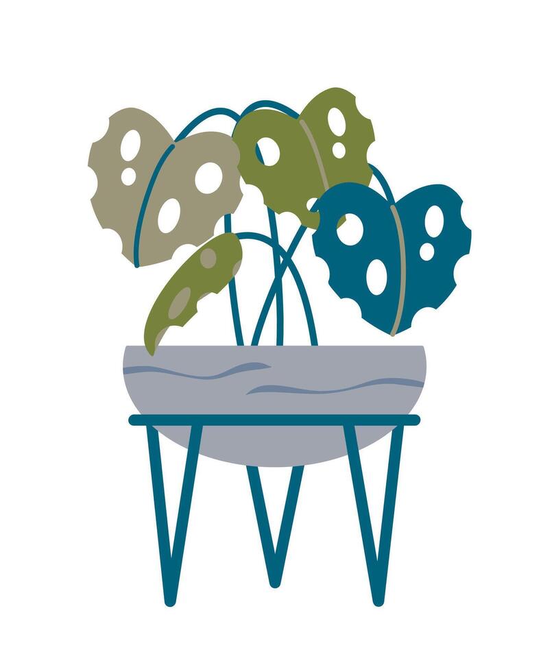 Tropical Modern Houseplant in floor pot in cool green and blue colors. Round floor flower pot on a stand. For design of a dark room, at night. Indoor plant concept of domestic greenery. vector