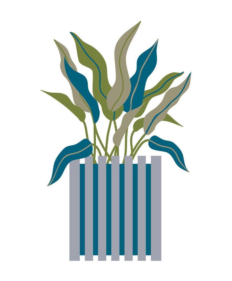 Houseplant with long leaves in floor pot in cool green and blue colors. Modern trendy retro concept for living room design or poster. Indoor plant concept of domestic greenery. Icon for home interior vector