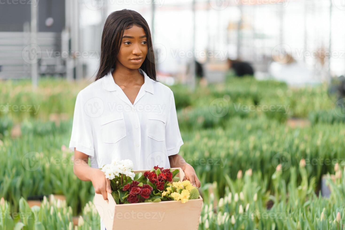 Beautiful young smiling african american girl, worker with flowers in greenhouse. Concept work in the greenhouse, flowers. photo