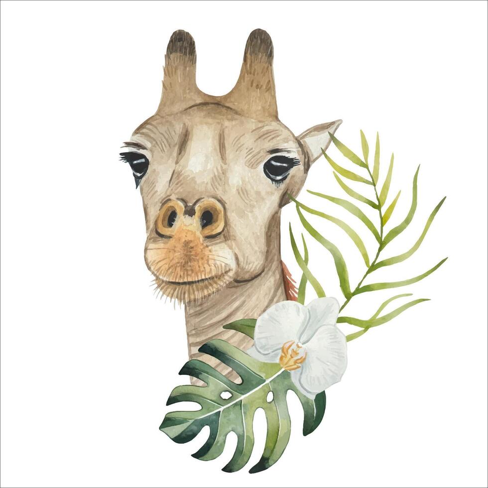 Hand drawn giraffe with tropical leaves and flower, watercolor vector