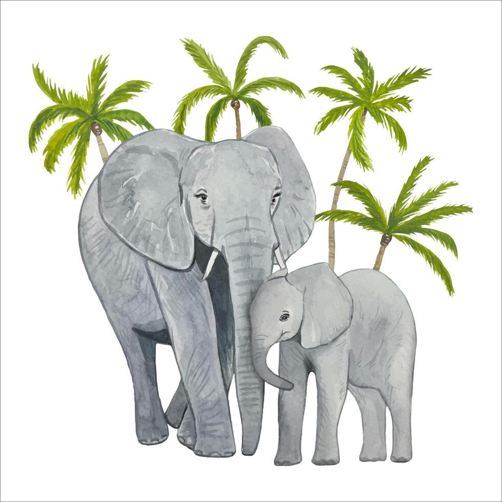 mano dibujado elefante con bebé elefante, en un antecedentes de palma árboles, acuarela vector