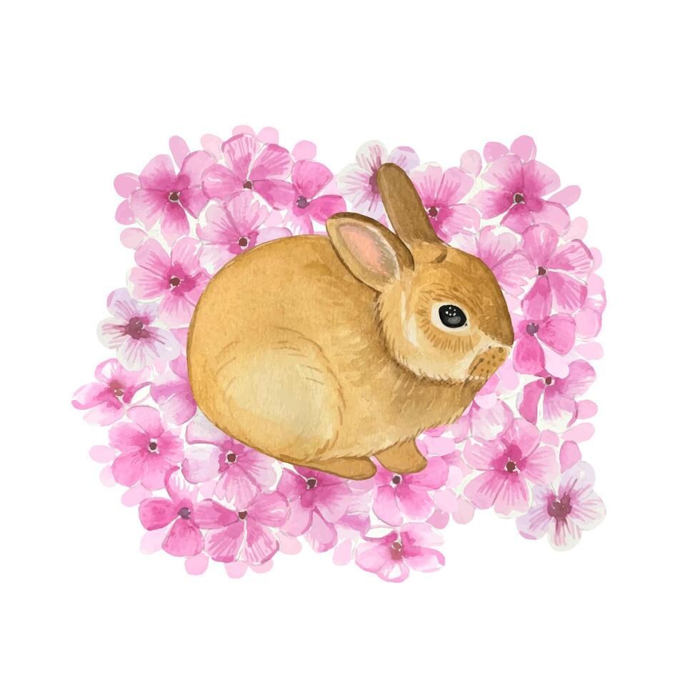 Hand drawn cute bunny on a background of pink flowers, watercolor vector