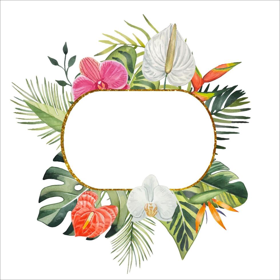 Hand drawn frame with tropical leaves and flowers, watercolor vector