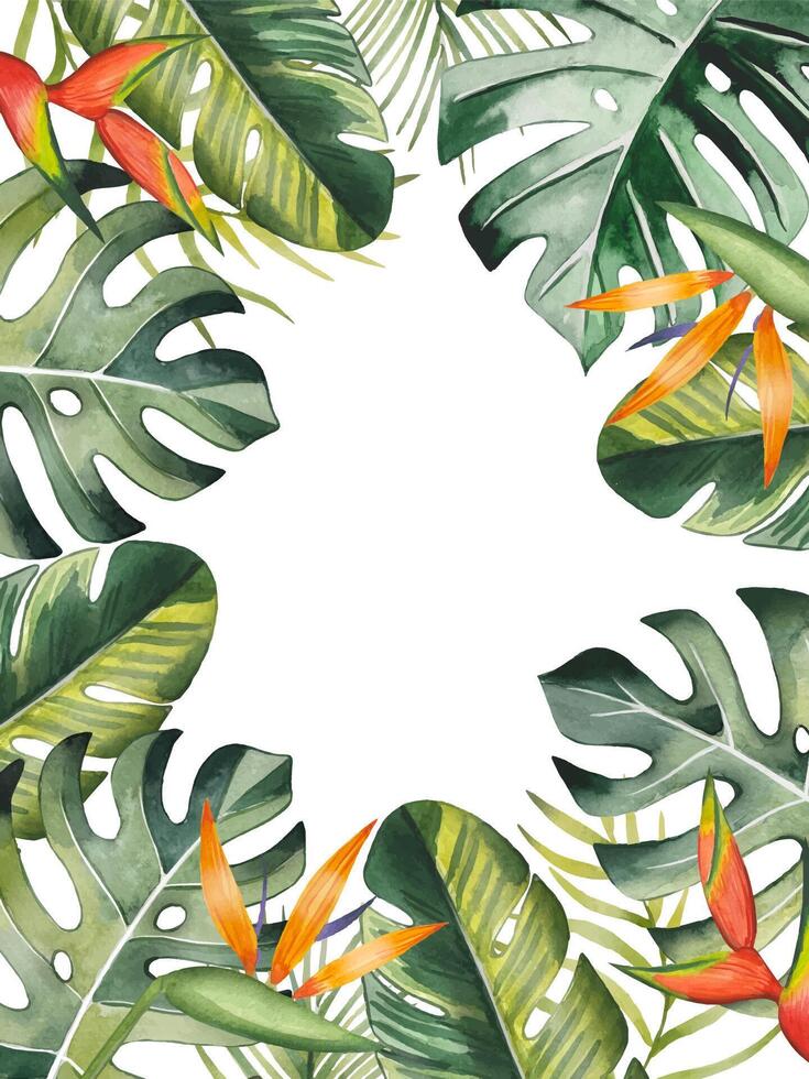 mano dibujado marco con tropical hojas y flores, acuarela vector