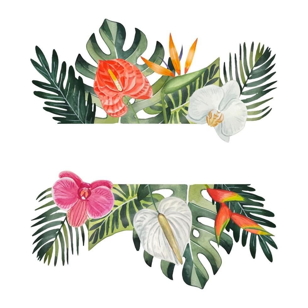 Hand drawn frame with tropical leaves and flowers, watercolor vector