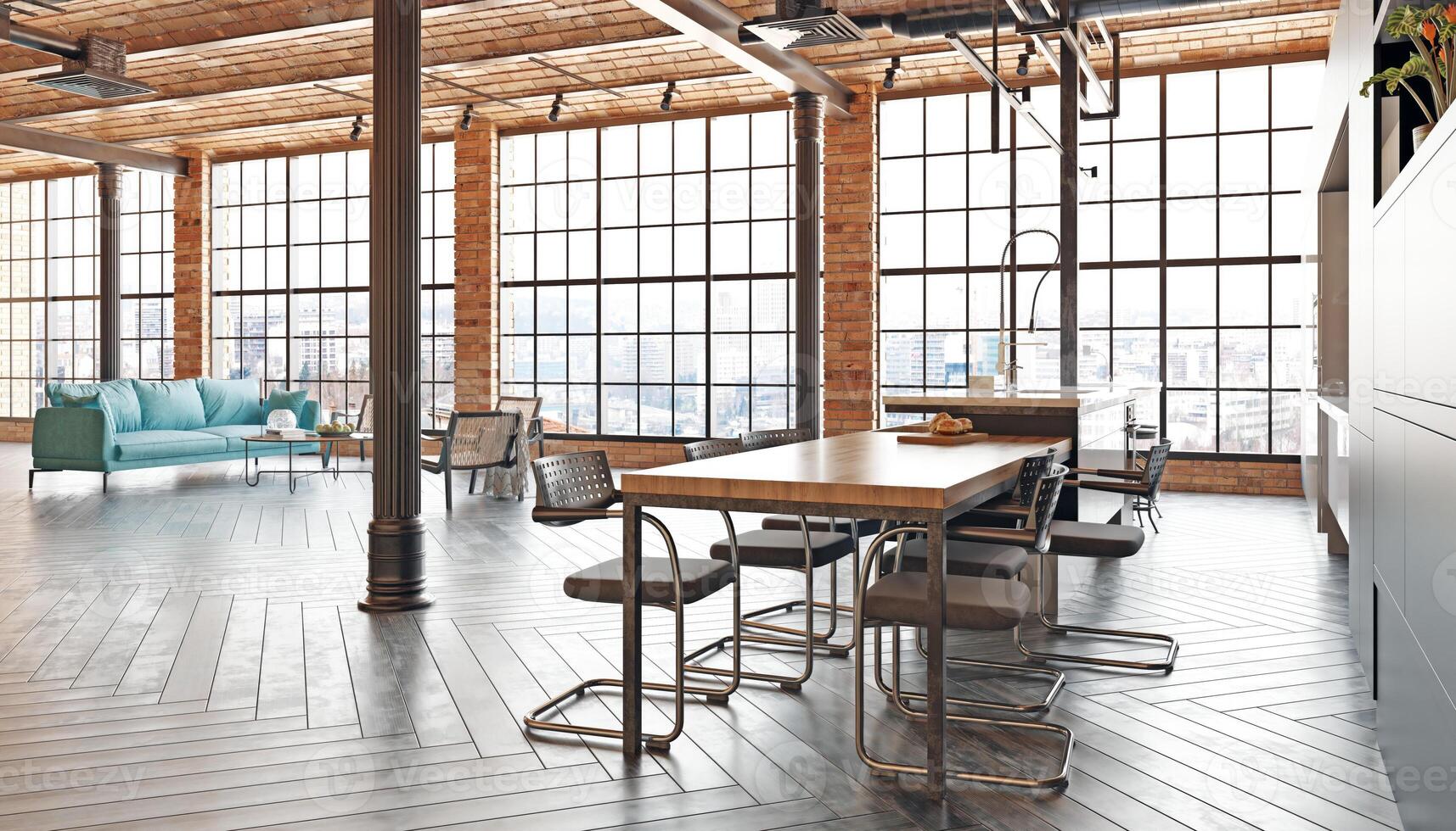 A large open room with a wooden table and chairs photo