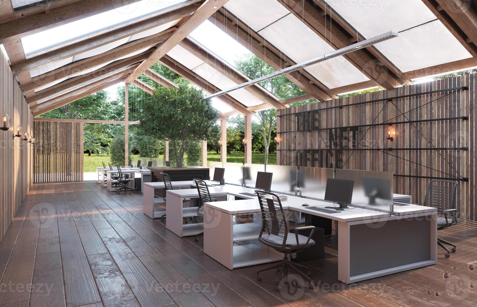 A large open office space with wooden floors photo