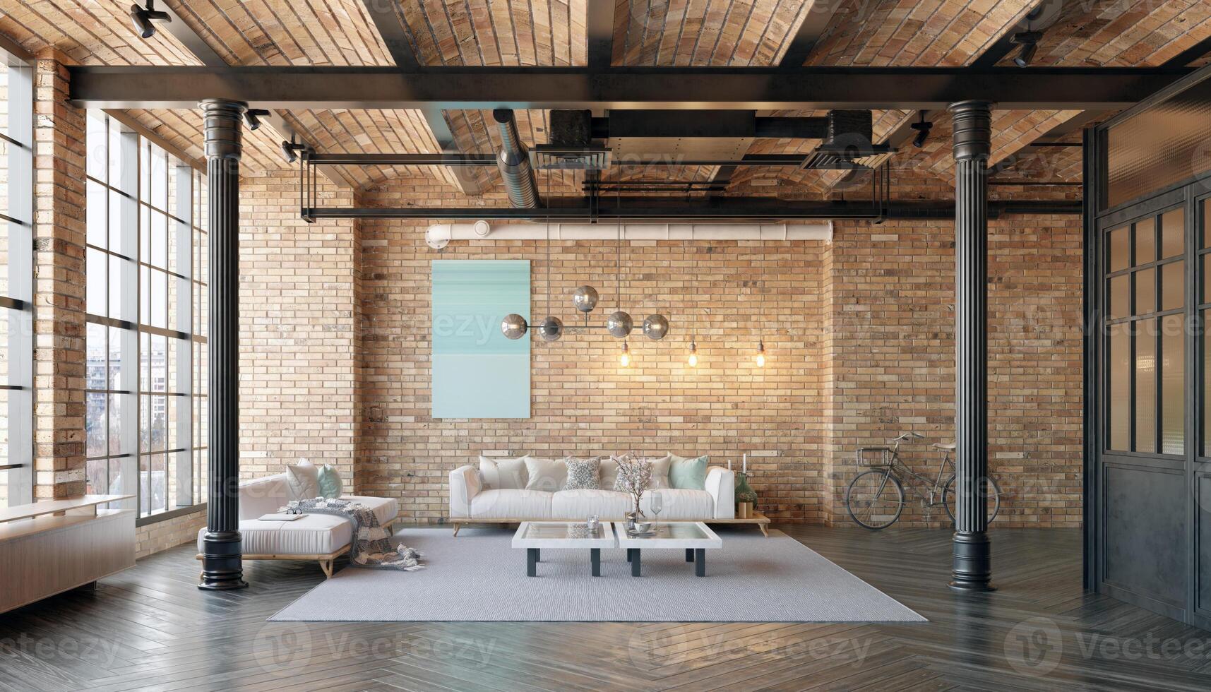 A modern loft living room with a couch, a coffee table photo