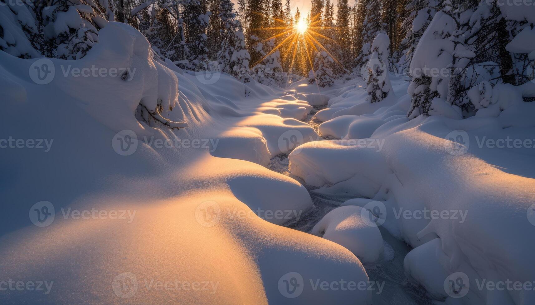 AI generated winding stream among a winter snow-covered forest at sunset photo