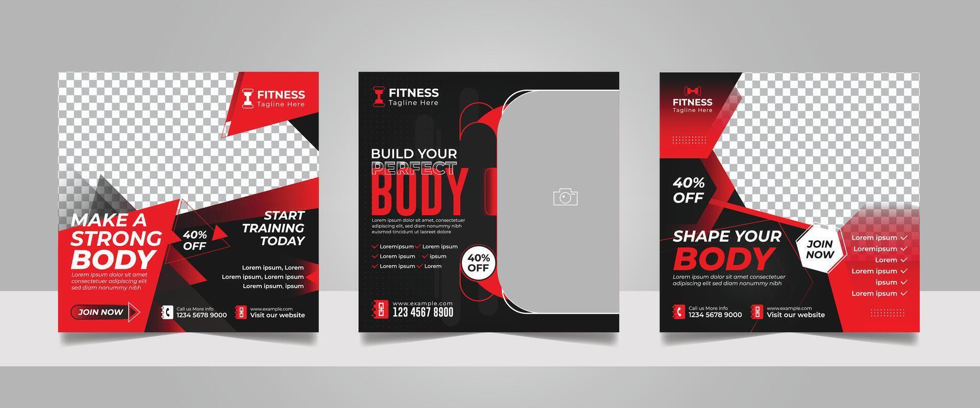 Gym promotional social media post, Fitness club square flyer web banner ads template set, Shape your body motivation design, Yoga training center advertising poster bundle. vector