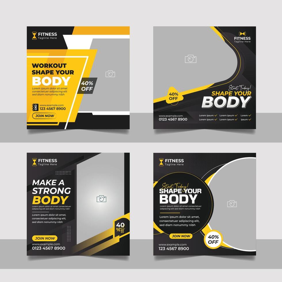 Gym promotional social media post, Fitness club square flyer web banner ads template set, Shape your body motivation design, Yoga training center advertising poster bundle. vector