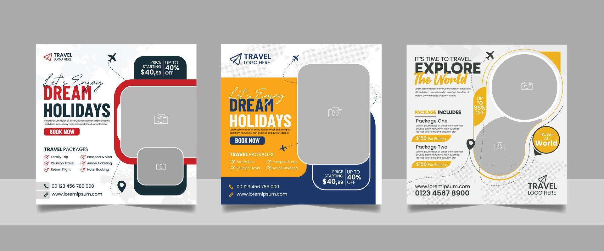 Travel and Tourism Business Marketing Banner. Holidays Tours and Travels Advertising Social Media Posts. Explore the World ads Template Square poster flyer design. vector