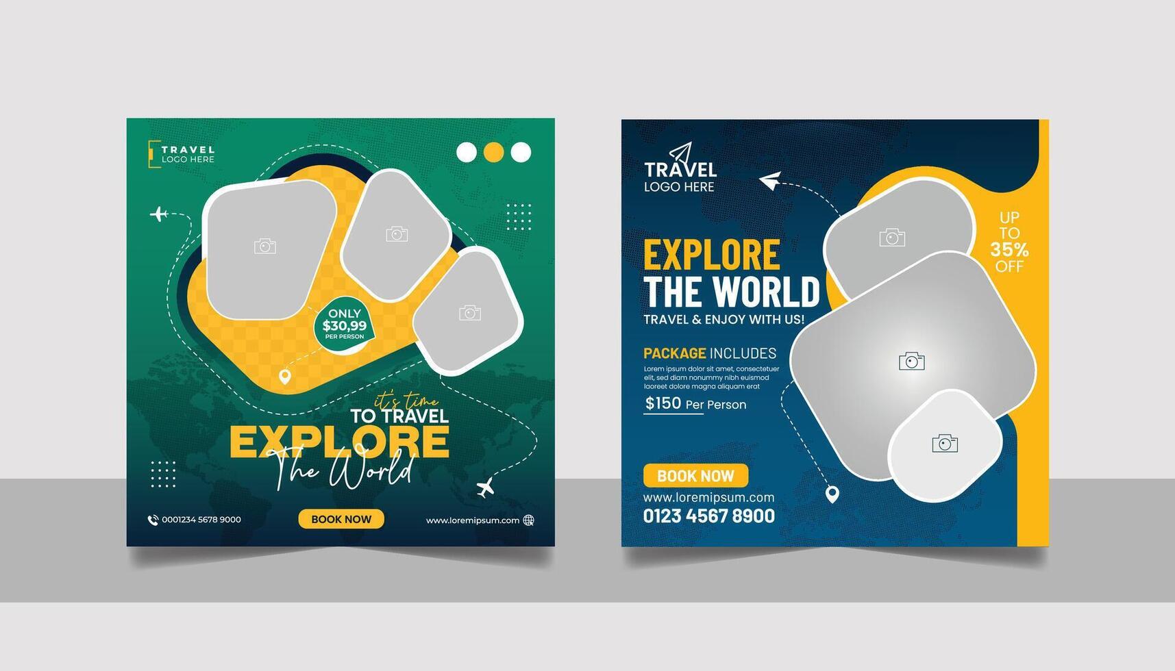 viaje y turismo negocio márketing bandera. Días festivos Excursiones y viajes publicidad social medios de comunicación publicaciones explorar el mundo anuncios modelo cuadrado póster volantes diseño. vector