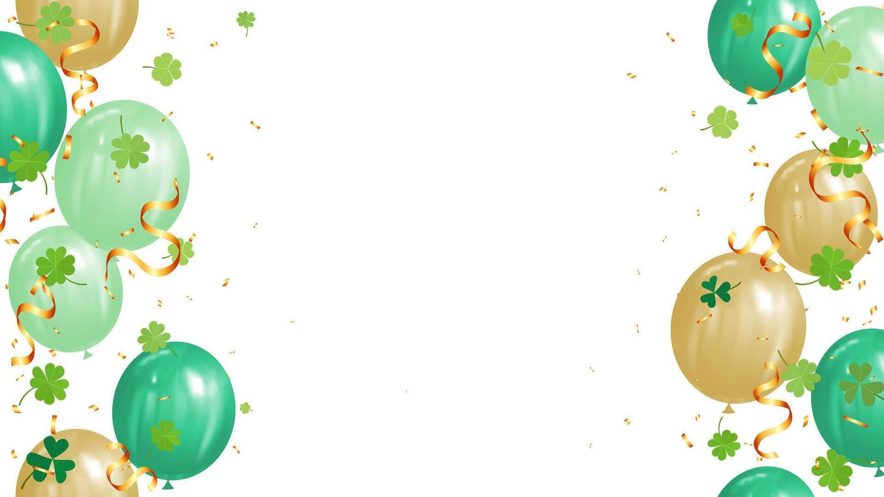 frame banner celebration party with green balloons, clover leaves and gold confetti luxury party vector