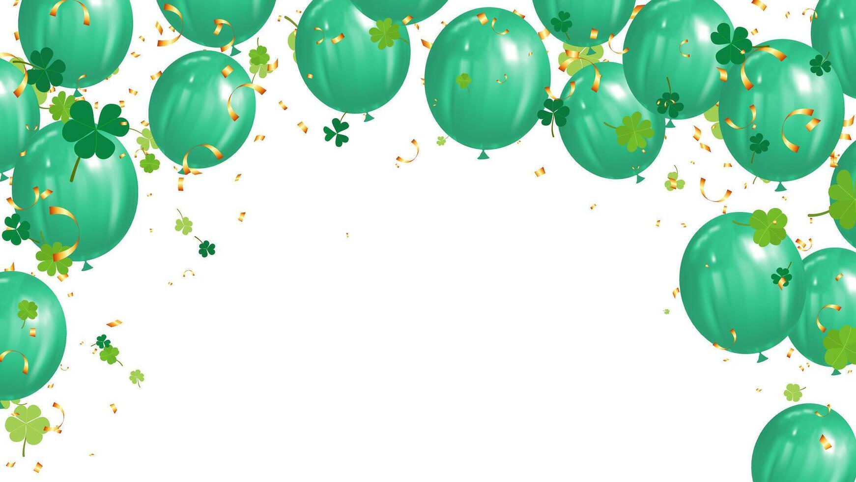 banner green balloons, clover leaves and gold confetti luxury party festival greeting card design vector