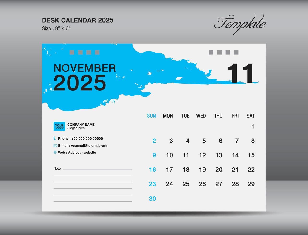 Desk calender 2025 design, November 2025 template, Calendar 2025 template, planner, simple, Wall calendar design, week starts on sunday, printing, advertiement, blue brushstroke background, vector