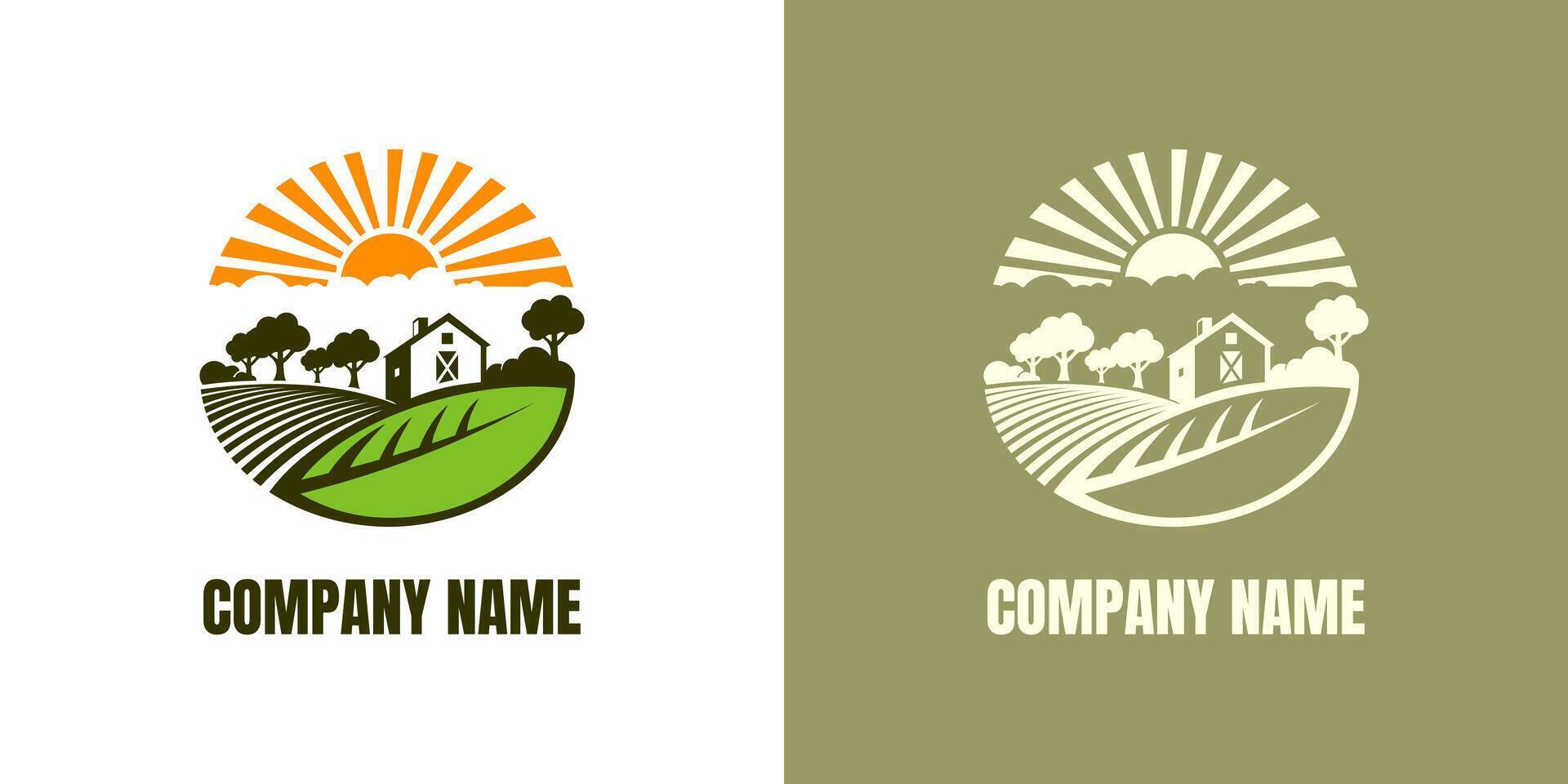 granja casa concepto logo. modelo con granja paisaje. negro logotipo aislado en blanco antecedentes. vector ilustración.