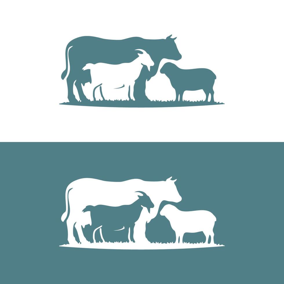 vector silueta ilustración vaca oveja cabra en el césped animal granja grupo logo