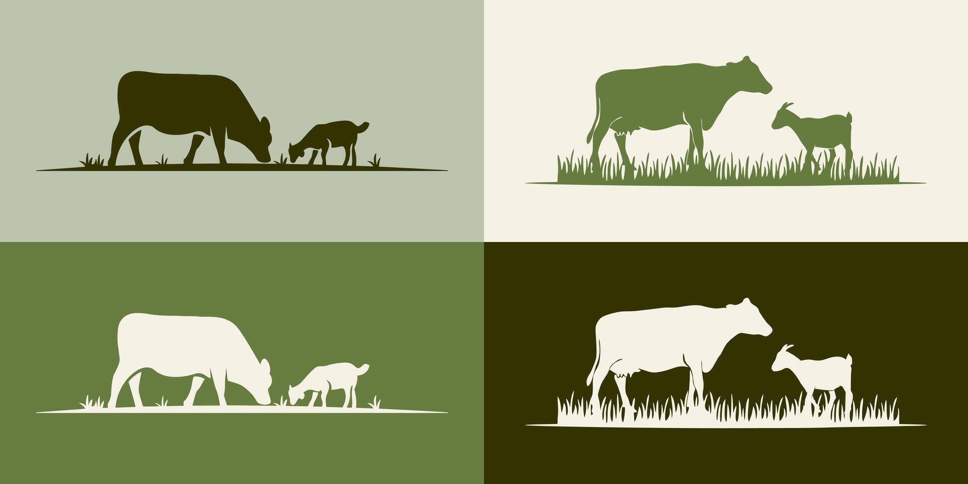 Cattle Angus Cow, sheep, goat and Grass silhouette livestock farm logo design vector
