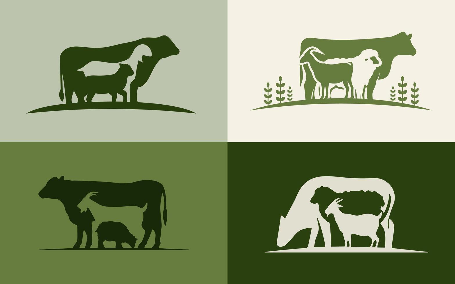 vacas angus vaca, oveja, cabra y césped silueta ganado granja logo diseño vector