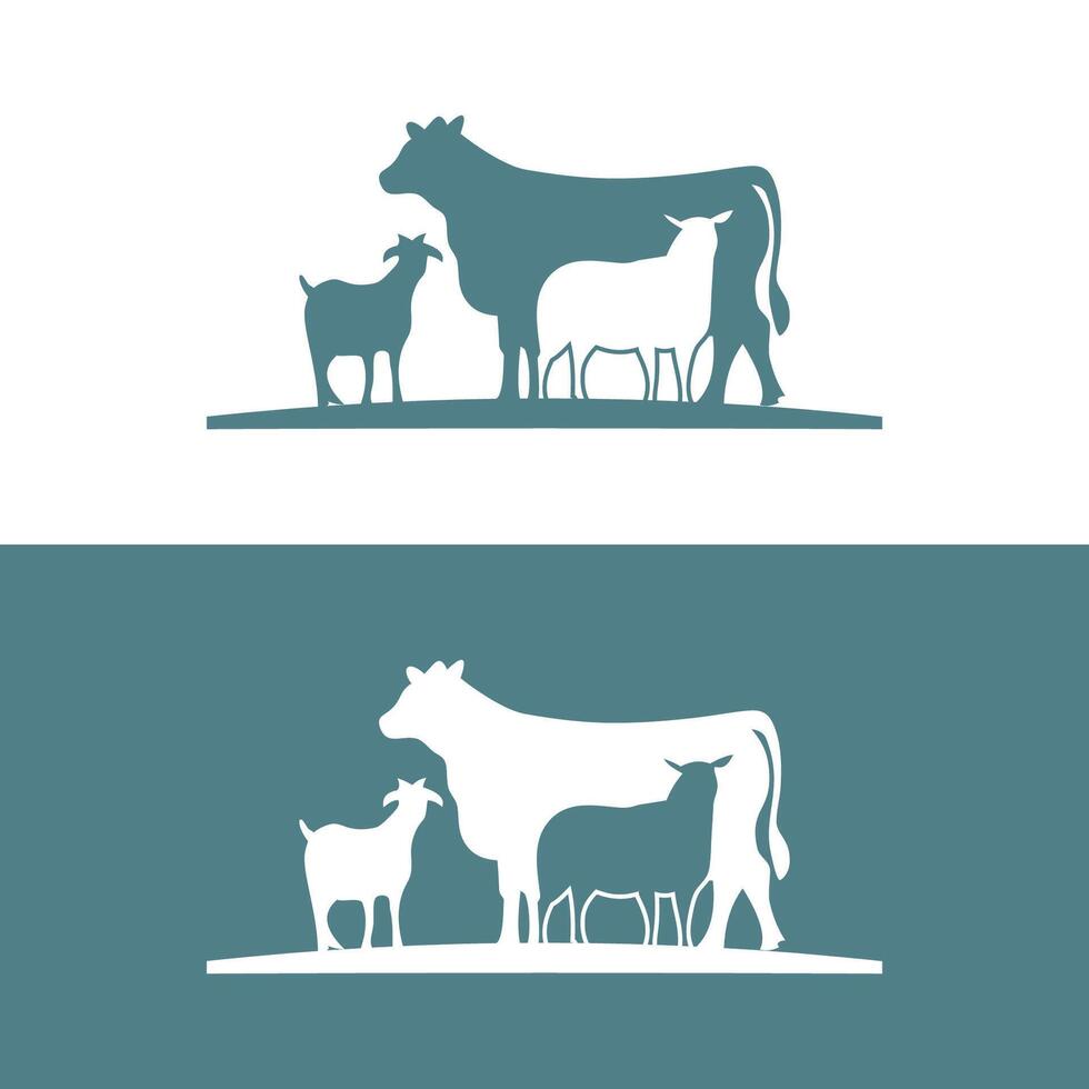 Vector silhouette illustration Cow chicken goat animal farm group logo