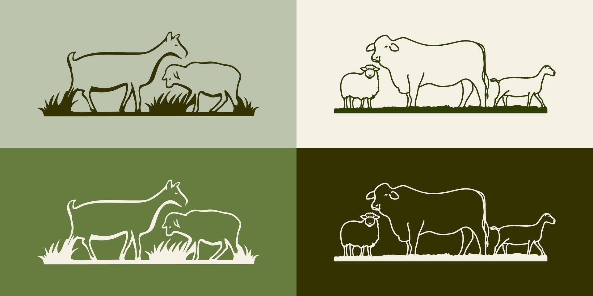 Cattle Angus Cow, sheep, goat and Grass outline livestock farm logo design vector