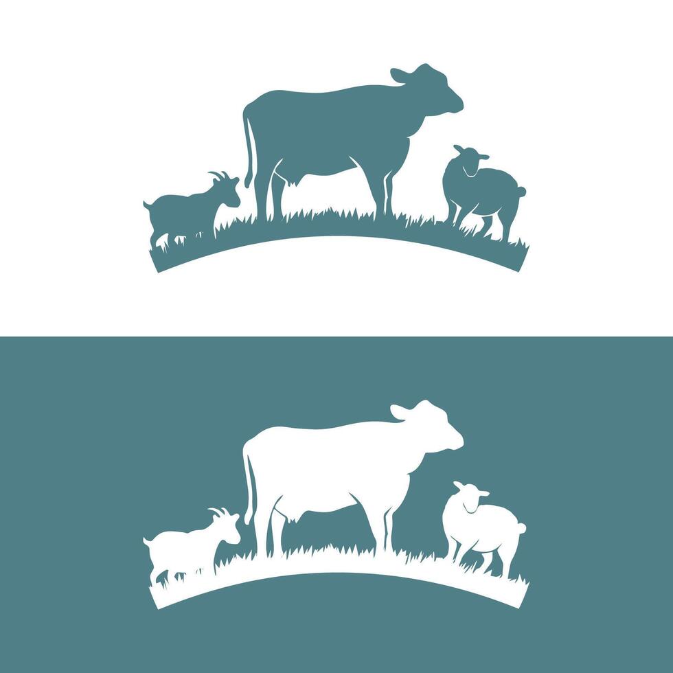 vector silueta ilustración vaca oveja cabra en el césped animal granja grupo logo