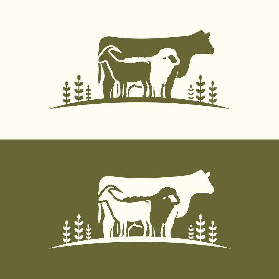 vaca oveja cabra granja animal con planta césped. silueta vector ilustración ganado logo