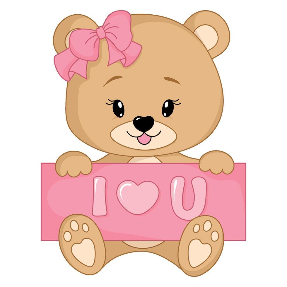 Lovely teddy bear with the inscription I love you, isolated on a transparent background. Happy Valentine's Day. Vector illustration.