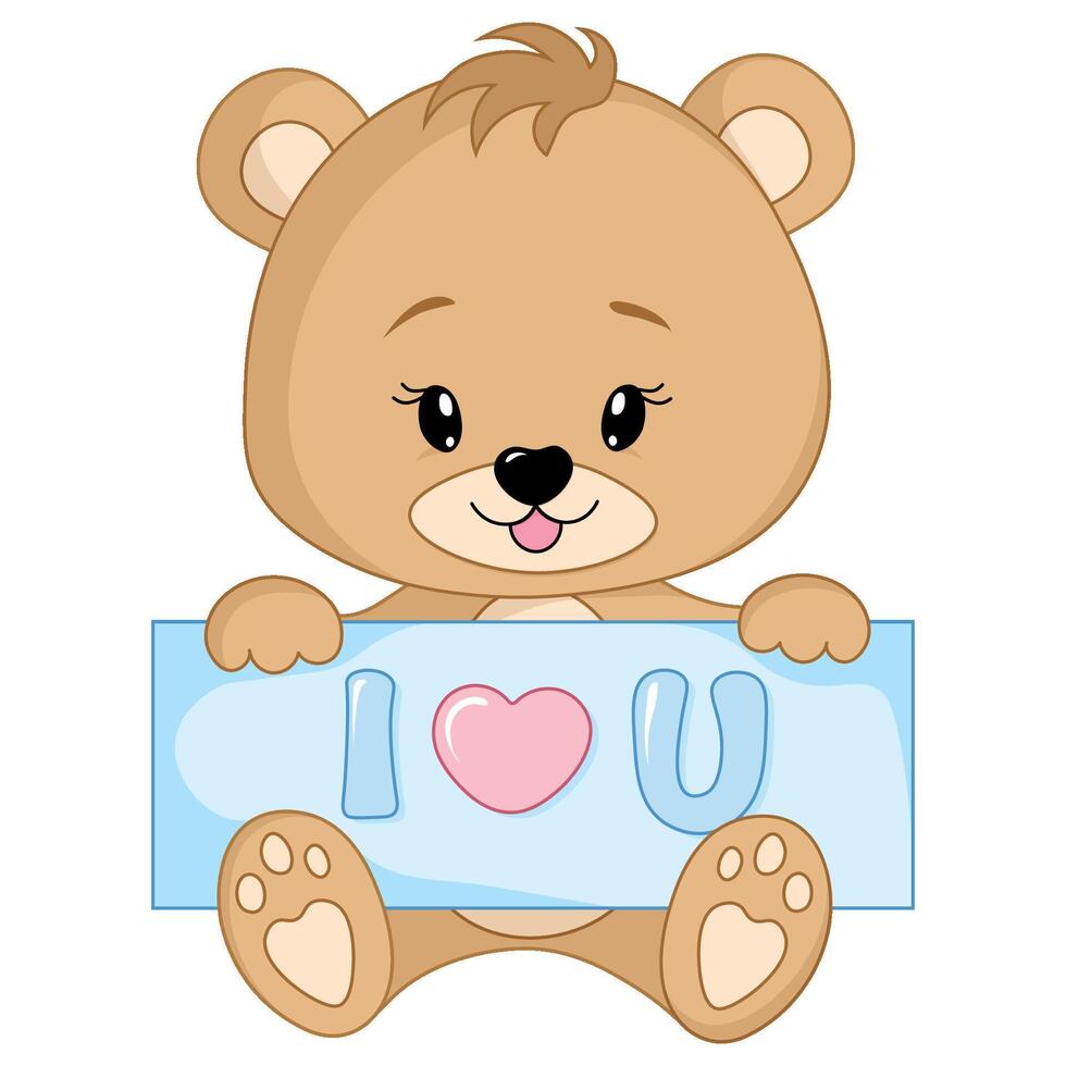 linda osito de peluche oso chico con el inscripción yo amor tú, aislado en un transparente antecedentes. contento San Valentín día. vector ilustración.