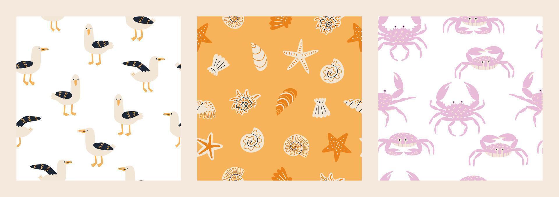 Set of seamless patterns with a sea vibe. Seagulls, shells, crabs. Vector flat illustration. Design for fabric etc.