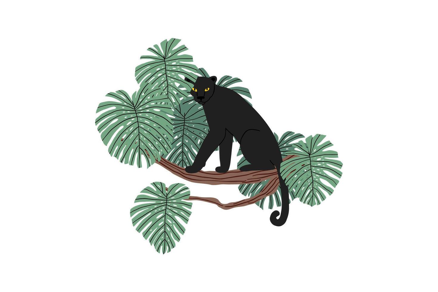 Puma with tropical leaves. Hand drawn flat vector illustration.