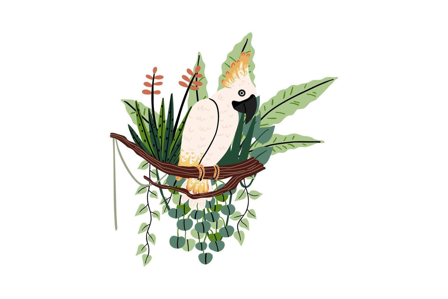 Parrot with tropical leaves. Hand drawn flat vector illustration.