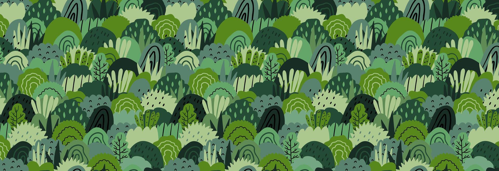 Seamless pattern with bushy green plants. Vector illustration in flat style. Design for fabric and more.