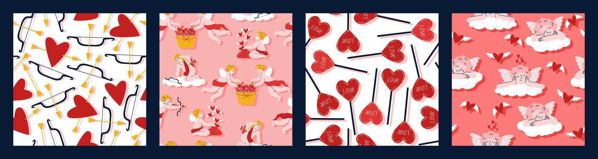 conjunto de sin costura patrones para San Valentín día con corazones, linda cupidos y dulces. diseño para tela y antecedentes. vector ilustración en plano estilo.