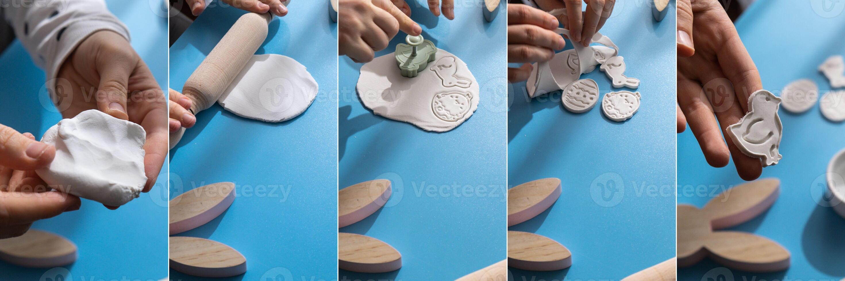 Collage tutorial Creator is using white air dry clay for making decor to EASTER holiday. Creating hobby recreation activity that involves fingers. DIY crafting Modern art photo