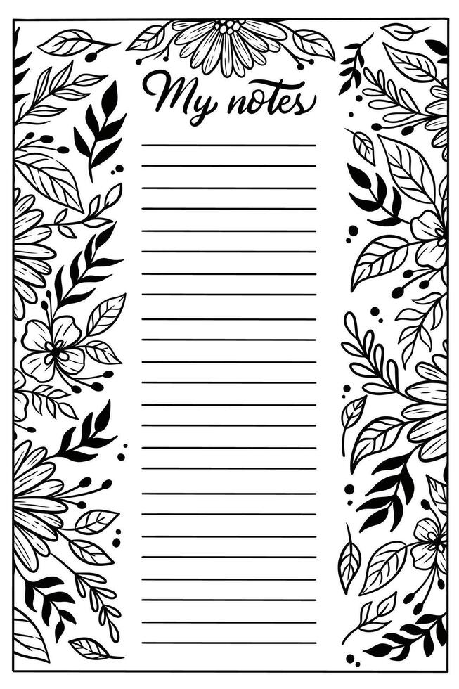 note with floral coloring page vector