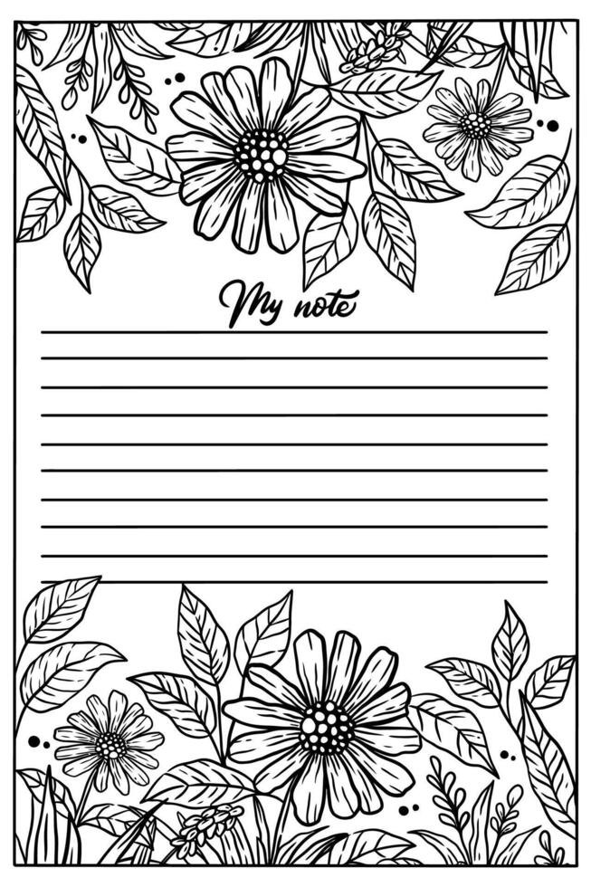 note with floral coloring page vector