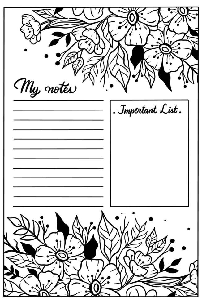 note with floral coloring page vector